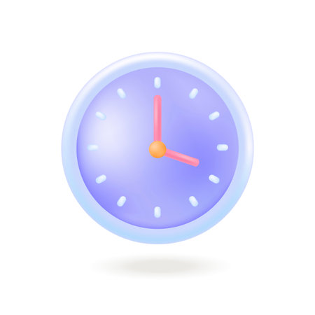 Clock with pink hands and blue clock face 3D icon. Wall clock for office or home interior 3D vector...