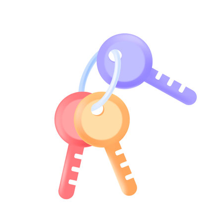 Purple, yellow and red keys hanging on metal ring 3D icon. Colorful home or office keys 3D vector illustration on white background. Privacy, secret, safety, security, protection, access conceptのイラスト素材