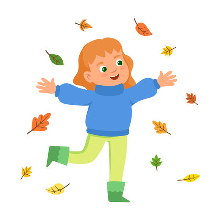 Cute cartoon children rejoicing in the coming of autumn in autumn flat vector illustration. Little kid in warm clothes isolated on white backgroundのイラスト素材