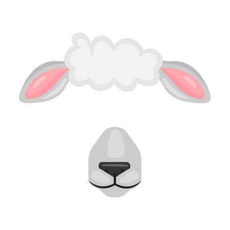 Animal face mask of curly sheep for video and photo set. Vector illustration of selfie filters with ears and nose. Cartoon funny muzzle isolated on whiteのイラスト素材