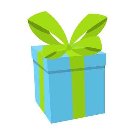 blue with green ribbon gift box on white background cartoon vector illustration. Christmas, New Year or birthday presentのイラスト素材