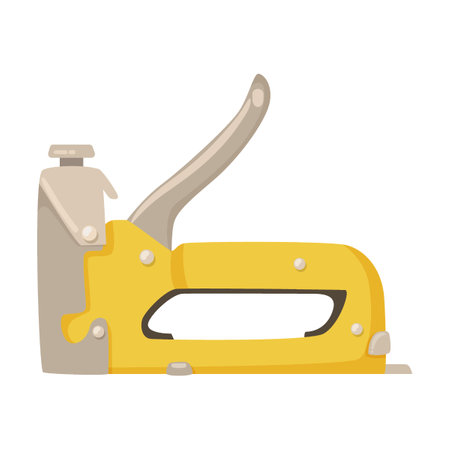 fixing construction stapler. Construction instrument, cartoon illustration. Building tools or service. Trowel, hummer, screwdriver, rule isolated on white backgroundのイラスト素材