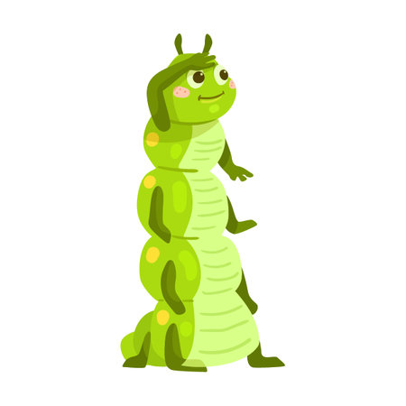 Cute caterpillar on a summer sunny day, cartoon illustration. Funny little green worm with pretty face sleeping, reading bookのイラスト素材