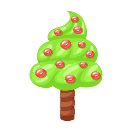 Candie in shape tree apple jelly with cherries, vector illustration. Fantasy land caramel and chocolate desserts, cupcakes, biscuitのイラスト素材