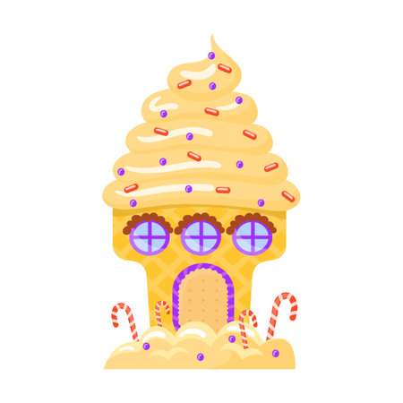 Candie in shape of tree or house with caramel and cream, vector illustration. Fantasy land caramel and chocolate desserts, cupcakes, biscuitのイラスト素材