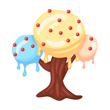 Candie in shape tree with scoops of cold ice cream, vector illustration. Fantasy land caramel and chocolate desserts, cupcakes, biscuitのイラスト素材