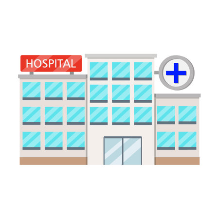 City hospital building. City, town hall cartoon vector illustration. Exterior of museum, hospital, police station, post office, government, bank, school, theatre, universityのイラスト素材