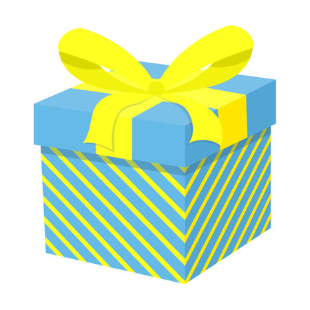 blue striped with yellow bow gift box on white background cartoon vector illustration. Christmas, New Year or birthday presentのイラスト素材