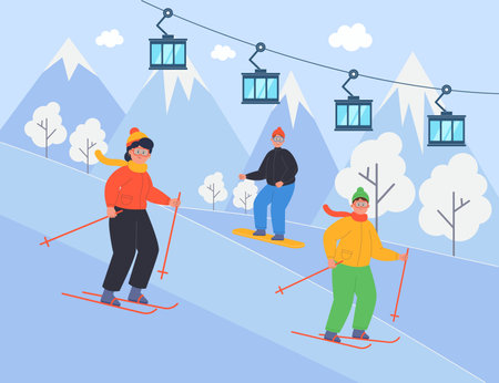 Landscape of ski resort with happy family with kid. Cartoon characters skiing in mountains, ski lift or elevator flat vector illustration. Winter activities, vacation, sports concept for bannerのイラスト素材