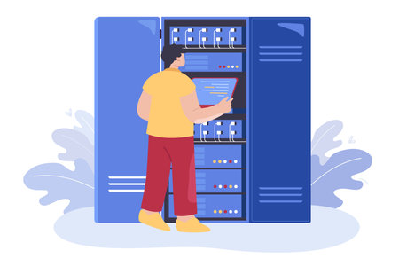 Professional engineer checking cables on switchboard. Sysadmin fixing network connection. Electrician working with server rack flat vector illustration. Telecommunication, internet conceptのイラスト素材