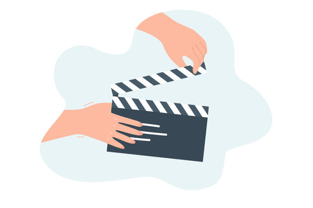 Hands holding clapper flat vector illustration. Opened black and white number board in hands. Cinematography, movie production, occupation, entertainment conceptのイラスト素材