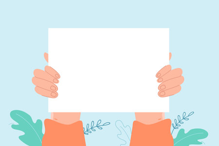Blank placard in hands flat vector illustration. Hands holding empty sign, billboard, board or banner for various messages, political or social protests. Announcement, demonstration conceptのイラスト素材