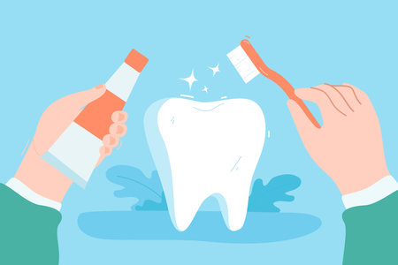 Hand holding toothbrush and toothpaste. Person brushing huge tooth, taking care of health on blue background flat vector illustration. Hygiene, oral cavity, treatment, medicine conceptのイラスト素材