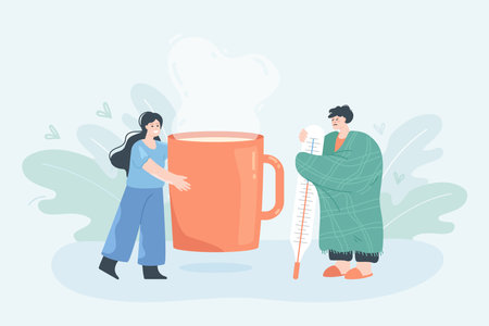 Girl giving mug with hot drink to sick man. Person wrapped in warm plaid holding thermometer, having flu, cold and fever symptoms flat vector illustration. Recovery, treatment, medication conceptのイラスト素材