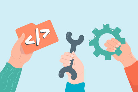 Greater than less than sign, wrench, gear in hands. Tools for programmer flat vector illustration....