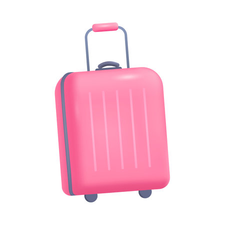 Pink suitcase for tourists 3D icon. Luggage or baggage, case for journey, adventure or trip 3D vector illustration on white background. Traveling, tourism, vacation, accessories conceptのイラスト素材