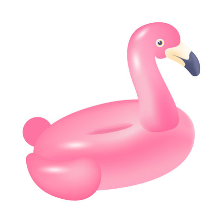 Inflatable pool ring in shape of flamingo 3D icon. Pink bird rubber ring for swimming pool or beach 3D vector illustration on white background. Summer, vacation, outdoor activity conceptのイラスト素材