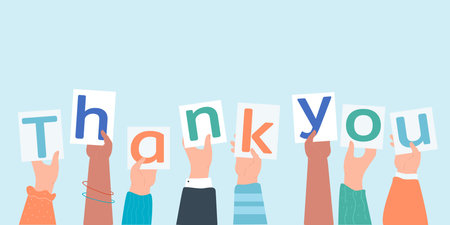 People holding cards with thank you phrase. Men and women expressing gratitude, being grateful and thankful flat vector illustration. Acknowledgment, appreciation, greeting conceptのイラスト素材