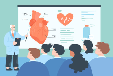 Classroom with doctor giving lecture on cardiology. Students in class or college seminar, conference audience, medical training flat vector illustration. Education, medicine concept for bannerのイラスト素材