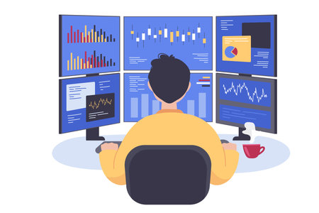 Stock trader sitting at multiple computer screen. Male broker sitting at desk in office, looking at charts, diagrams, analyzing financial statistics flat vector illustration. Business index conceptのイラスト素材