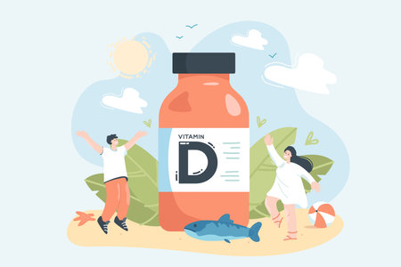 Tiny persons with huge bottle of vitamin D. Sun, people with nutrients or supplements against deficiency for healthy skin and wellbeing flat vector illustration. Health, care, food concept for bannerのイラスト素材