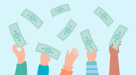 Hands holding and throwing banknotes in air. Rich and successful men and women showing money flat vector illustration. Investment, finance, entrepreneur conceptのイラスト素材