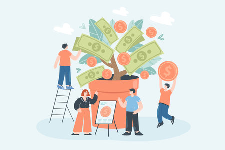 Business people growing plant with currency and coins. Growth of revenue and investment income for tiny male and female rich characters flat vector illustration. Finance, prosperity, wealth conceptのイラスト素材