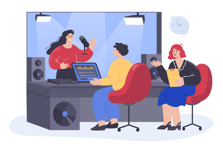 People recording song in studio flat vector illustration. Sound engineers working with presenter, producer sitting at desk and working on mixing console. Music production conceptのイラスト素材