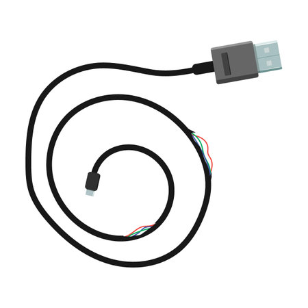 Broken electrical USB cable. Vector illustration of damaged cords for power, connection. Cartoon...