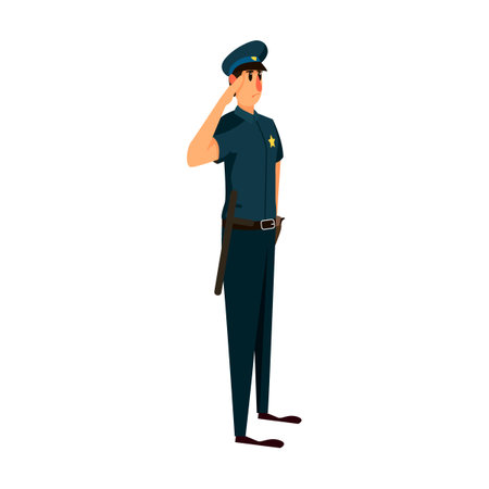 Policeman character gives a military salute. Vector illustration of patrol officer. Cartoon Policeman isolated on whiteのイラスト素材