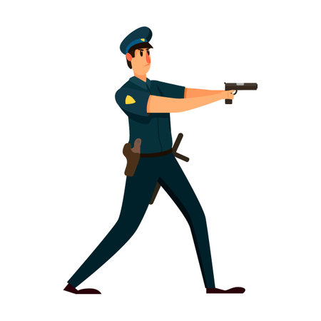 Policeman character aiming gun at criminal. Vector illustration of patrol officer. Cartoon Policeman isolated on whiteのイラスト素材