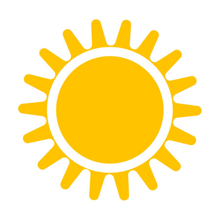 Shape of heating sun. Vector illustration of bright yellow round sun with rays in summer. Cartoon sunrise glow isolated on whiteのイラスト素材