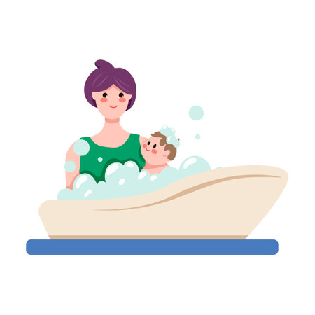Lttle baby taking bath in the bathroom. Vector illustration of newborn child. Cartoon isolated on whiteのイラスト素材