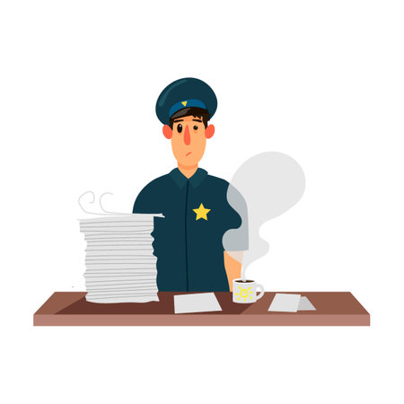 Policeman character in action. Vector illustration of patrol officer. Cartoon Policeman isolated on whiteのイラスト素材