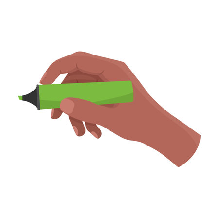 Hand holding green highlighter, writing and drawing tool vector illustration. Right and left arms with school supplies isolated on white backgroundのイラスト素材
