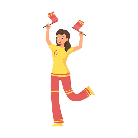 Football or soccer girl with flags of national team at competition, flat vector illustration. Team of happy crowd of peopleのイラスト素材