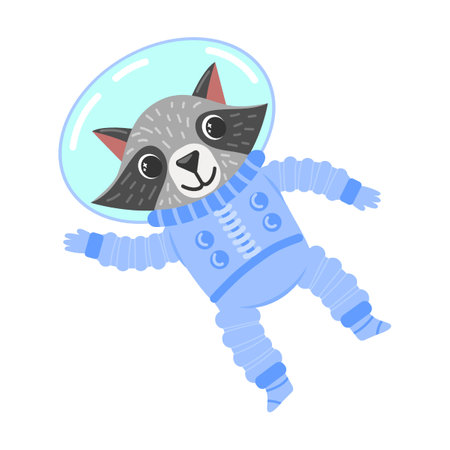 raccoon in protective suit and astronaut spacesuit affably waves its paw. cartoon vector illustrationのイラスト素材