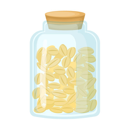 Oat grains in jar. Box of cereal and bowls of oatmeal vector illustration. Boiled porridge with fruit and berries isolated on white backgroundのイラスト素材