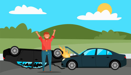 Stressed driver on road near crashed cars cartoon illustration. Man with raised arms screaming for help, overturned and burning vehicles. Traffic safety, transportation conceptのイラスト素材