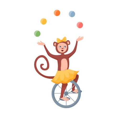 Funny Monkey jangler on wheel on circus show. Vector illustration of carnival performance. Cartoon performer isolated on white. Entertainment conceptのイラスト素材