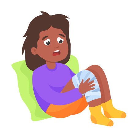 girl with bandaged knee after sports injury. Cute children as medical patient vector illustration. Disease symptoms cartoon kid on white background. Healthのイラスト素材