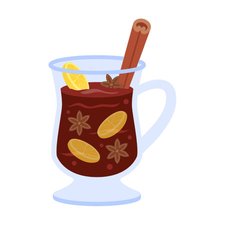 Hot drink mulled wine with cinnamon, cloves and lemon in glass, vector illustration. Mug with Christmas decorations for cozy atmosphereのイラスト素材