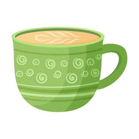 Hot drink in mug with decorative foam vector illustration. Cup with Christmas decorations for cozy atmosphere, warm drink isolated on white backgroundのイラスト素材