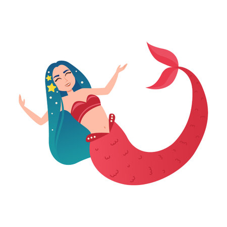 Cute mythical princess and corals with seaweed underwater on white background. Mermaid cartoon vector illustrationのイラスト素材