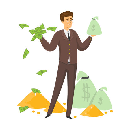 Happy rich man holding bags of money of dolor banknotes. Much money and gold cartoon vector illustrationのイラスト素材