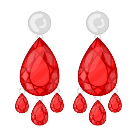 earrings with huge rubies and pearls, jewelry vector illustration. Gold, silver, pearl jewellery. Stone or diamond rings, earrings, braceletsのイラスト素材