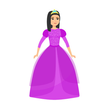 Young princess fabulous in purple dress, cartoon vector illustration. Elegant fairytale women in colored costume and dressのイラスト素材