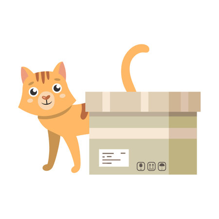 Cat with box, preposition behind, cartoon illustration. Visual representation of English preposition of place for children. Pet aboveのイラスト素材