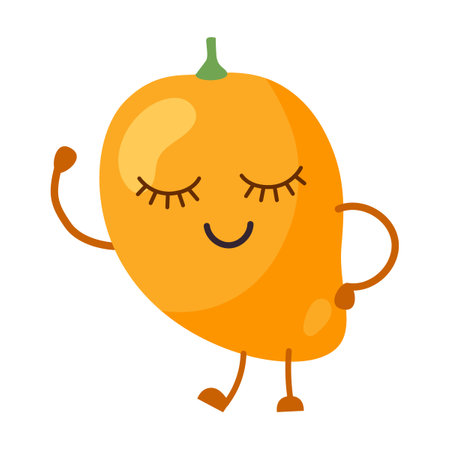Cute juicy mango fruit and berry cartoon character vector illustration. Comic sticker with funny caricature of happy personage isolated on whiteのイラスト素材