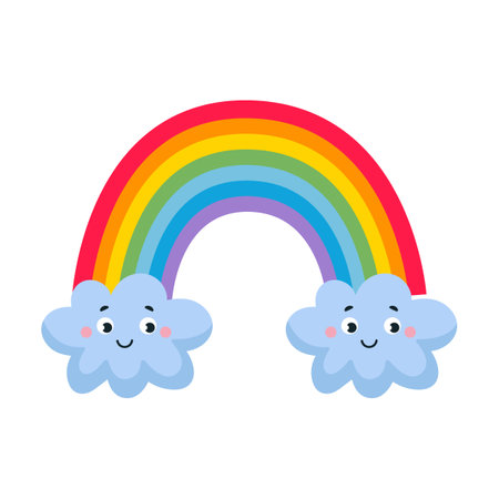 Clouds connected together by a rainbow, vector illustration. Cute cloud and sun cartoon character isolated on white backgroundのイラスト素材
